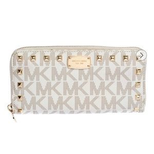 Michael Kors White Signature Coated Canvas Studded Zip Around Continental Wallet